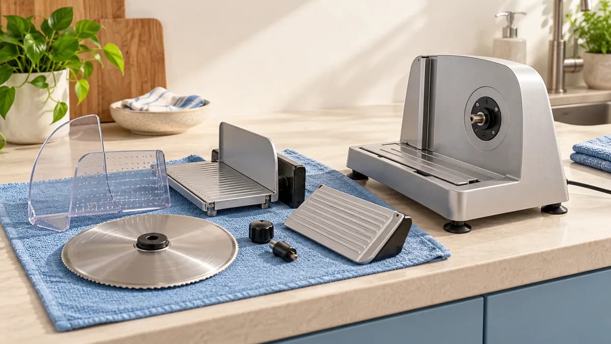 Illustration: Slicer parts laid out beside the appliance for a model-specific cleaning overview.