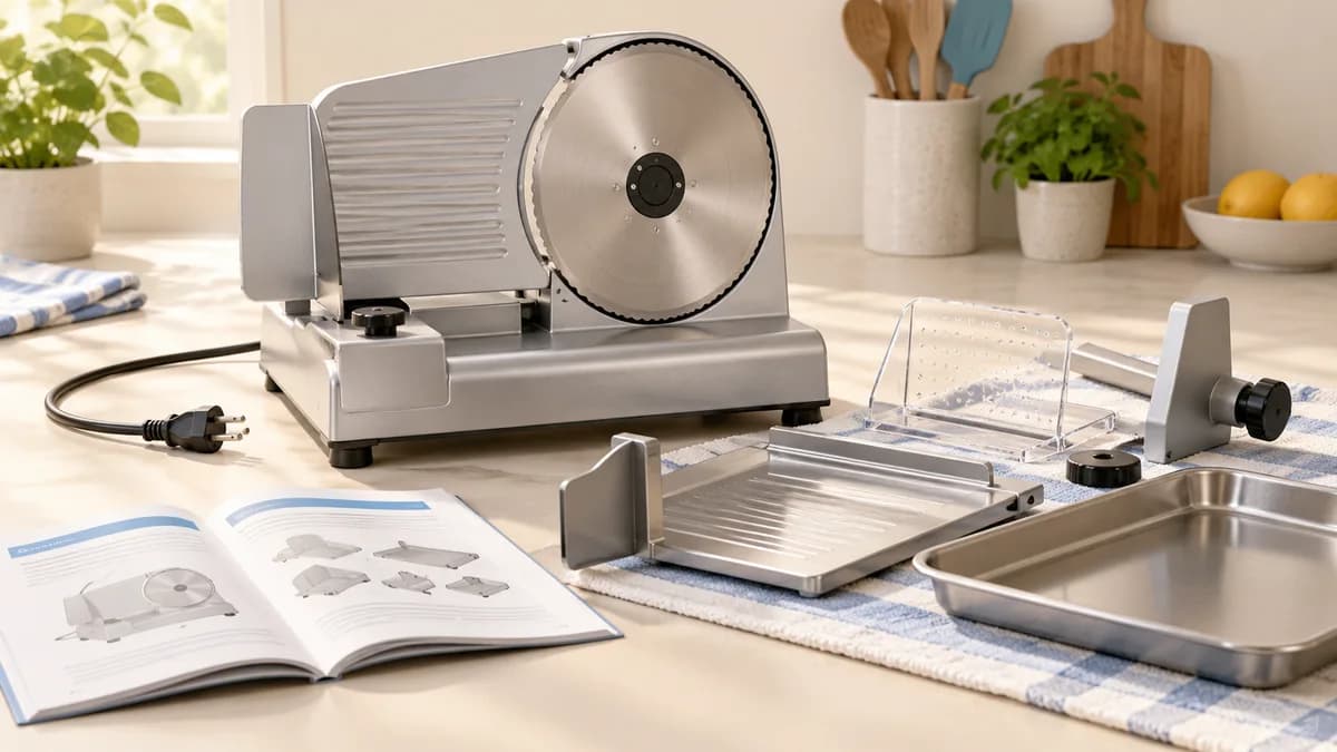 Illustration: An unplugged slicer, instruction booklet and cleaning workspace.