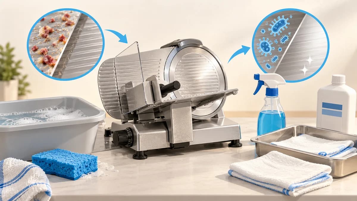 Illustration: A slicer, brush and separate cleaning supplies with illustrative hygiene symbols.