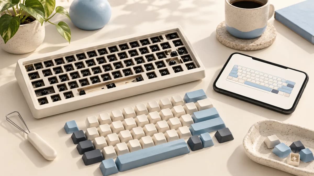 A keyboard, loose keycaps and a phone showing a keyboard layout.