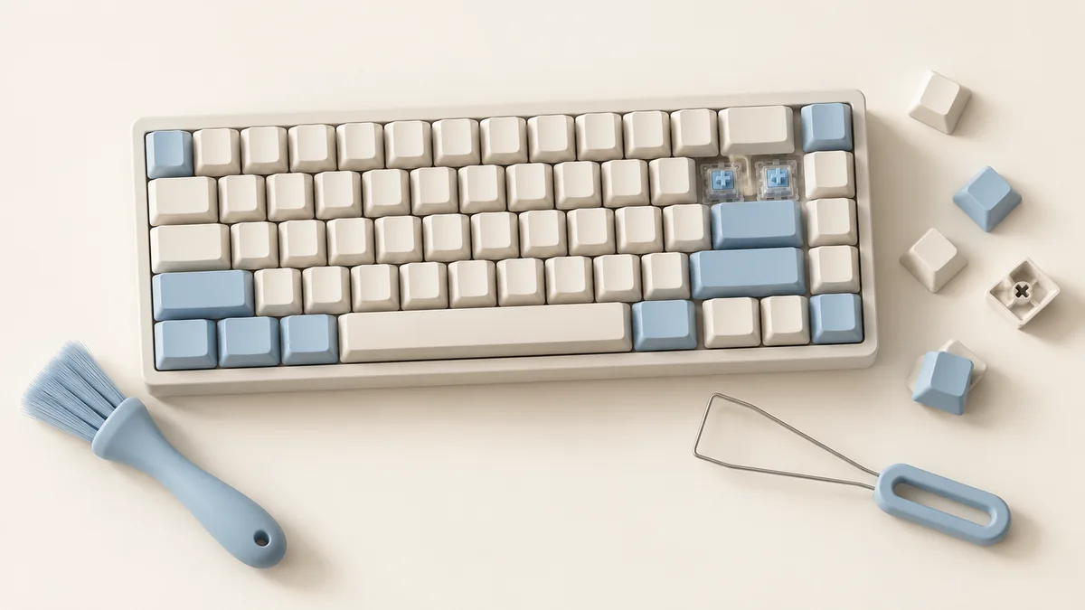 A compact keyboard with blue accent keys, loose keycaps, a brush and keycap puller.