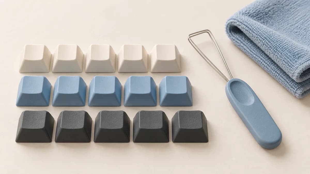 Rows of white, blue and charcoal keycaps beside a puller and cloth.