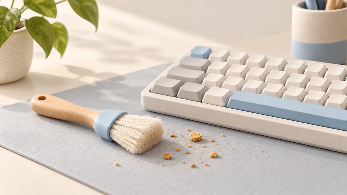 A soft brush and a few crumbs beside the edge of a keyboard.