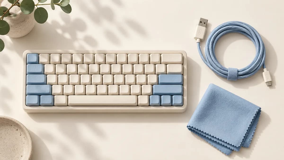 A keyboard beside a disconnected blue USB cable and folded microfiber cloth.