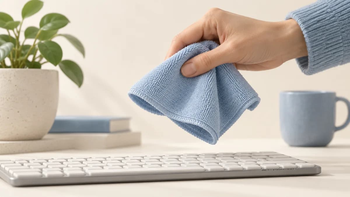 A hand holds a folded microfiber cloth above a keyboard.