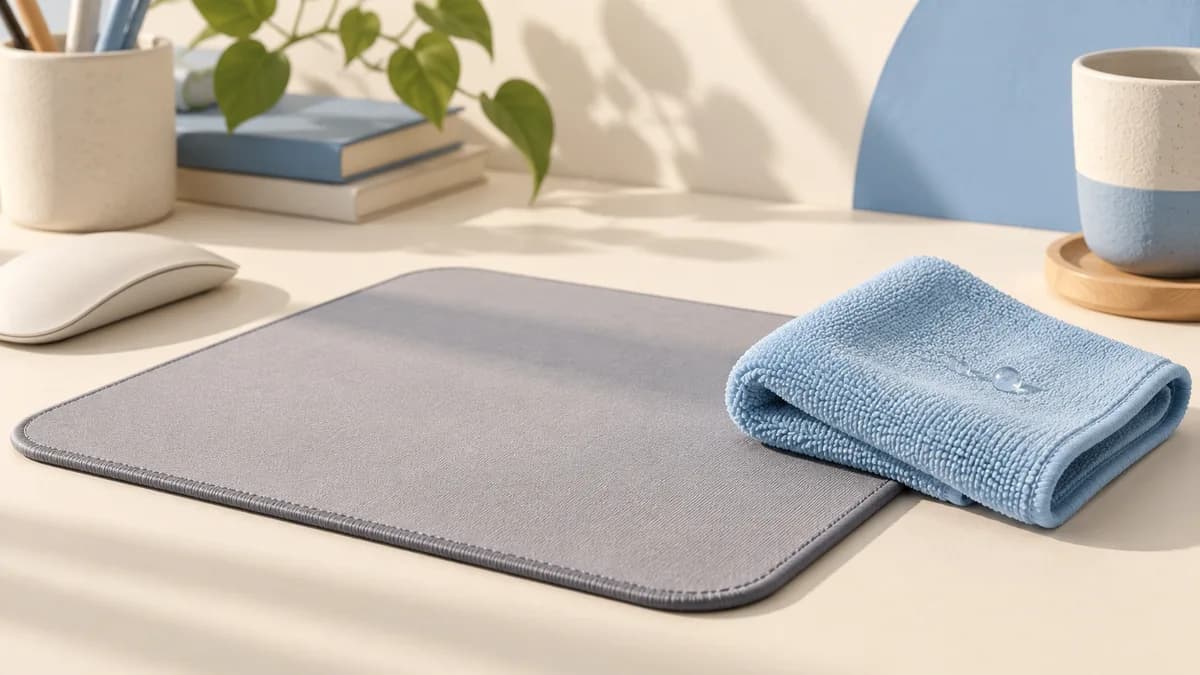Illustration: Folded microfiber cloth on the edge of a plain mousepad.