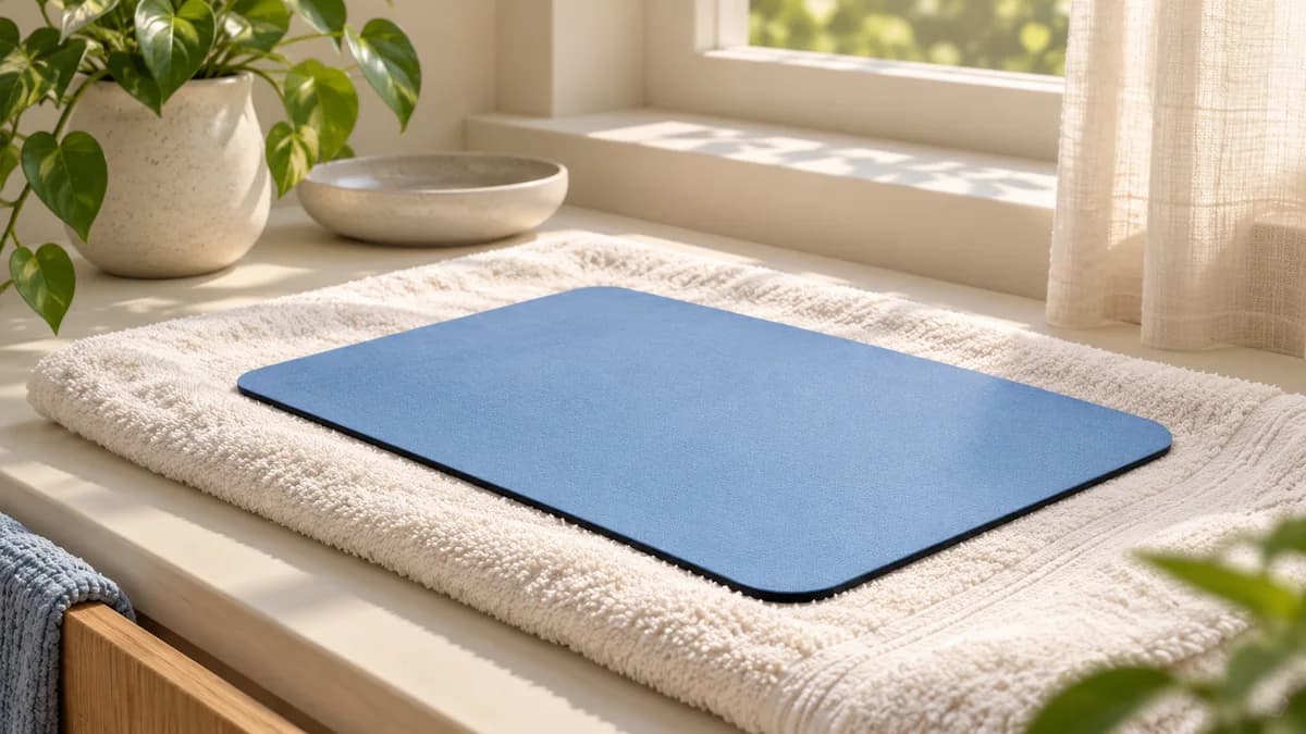 Illustration: A mousepad lying flat on a towel near a window.