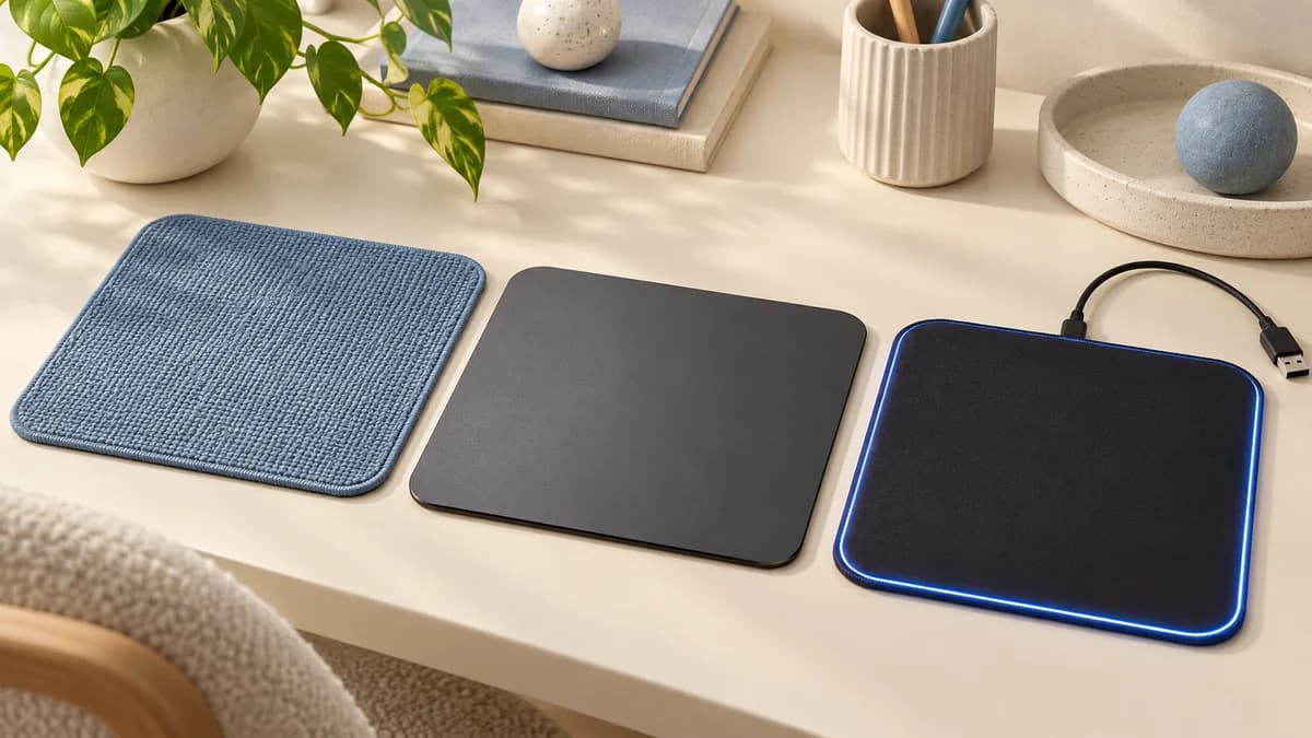 Illustration: Cloth, hard-surface and illuminated-edge mousepads arranged on a desk.