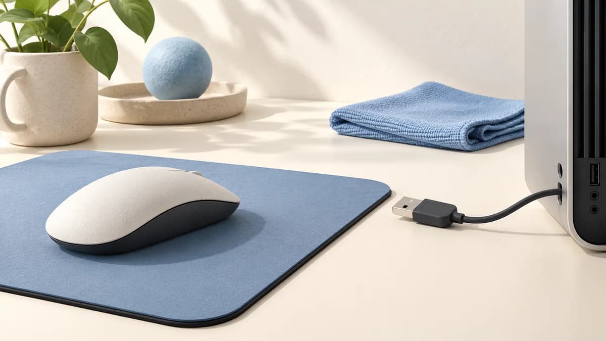 Illustration: Mouse on a blue mat beside a disconnected USB cable and folded cloth.