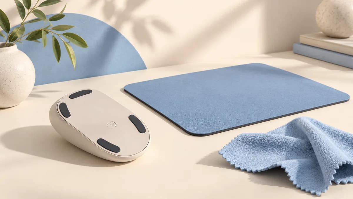Illustration: The underside of a mouse beside a flat mousepad and microfiber cloth.