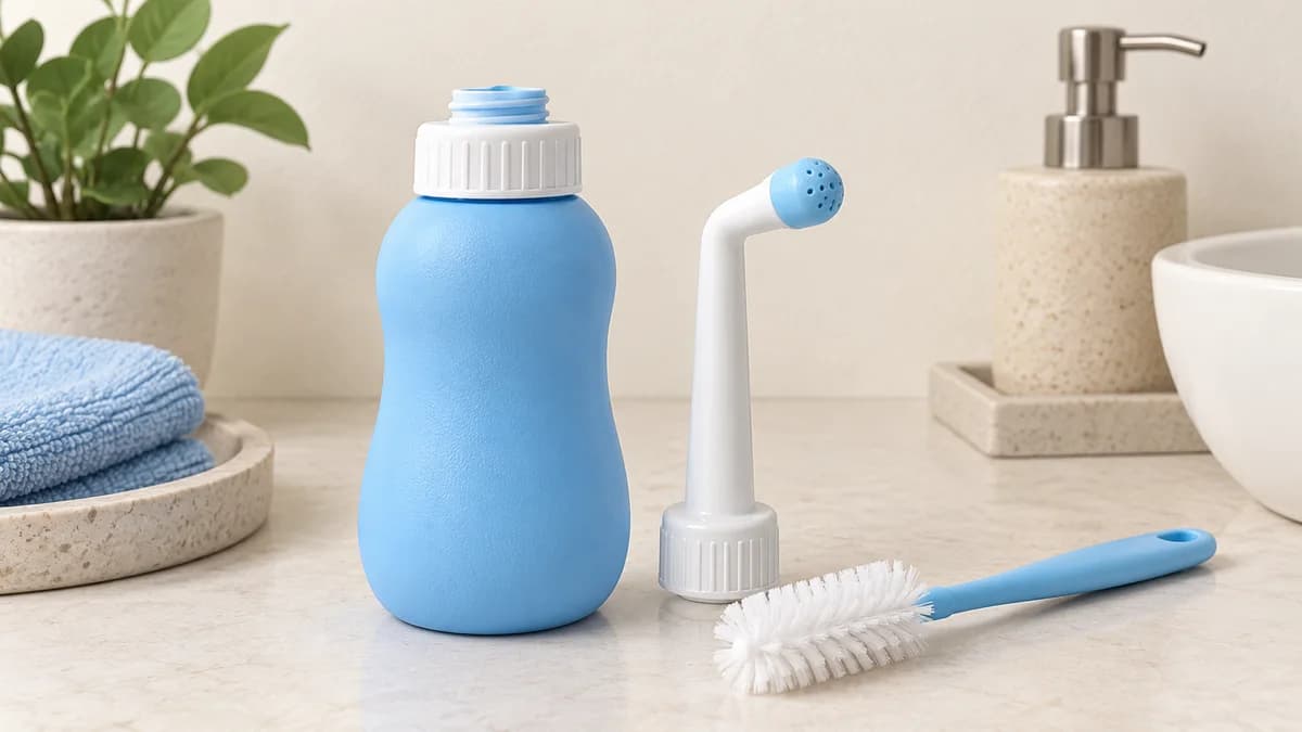 A portable squeeze bidet bottle, detached nozzle and cleaning brush on a bathroom counter.
