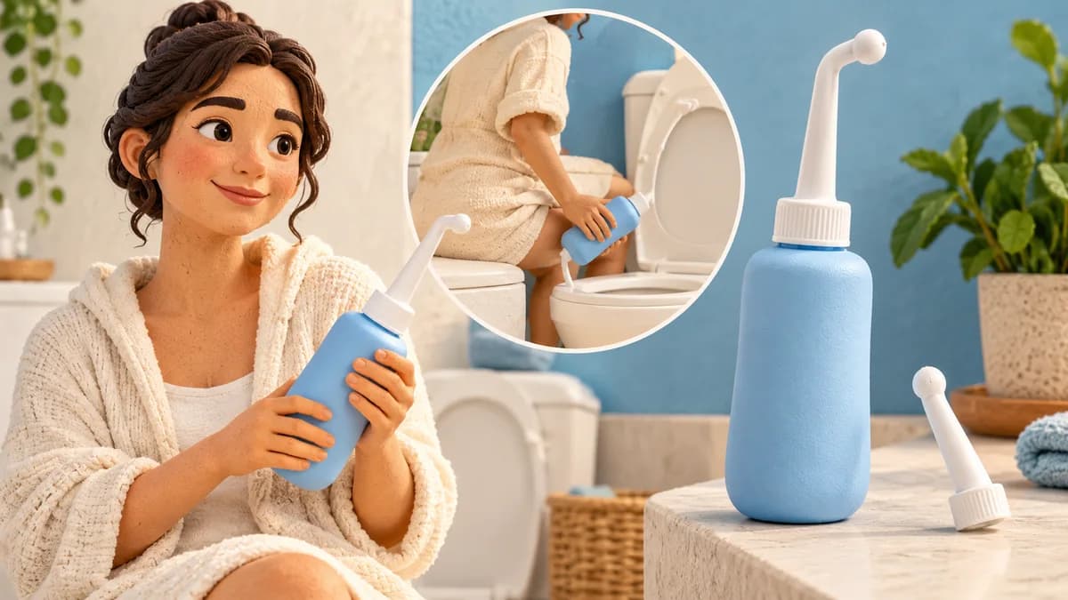 A woman examines a squeeze bidet bottle and its nozzle.