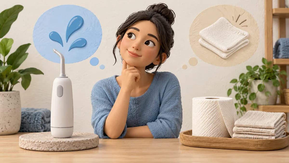A powered portable-bidet device beside a cleaning cloth.