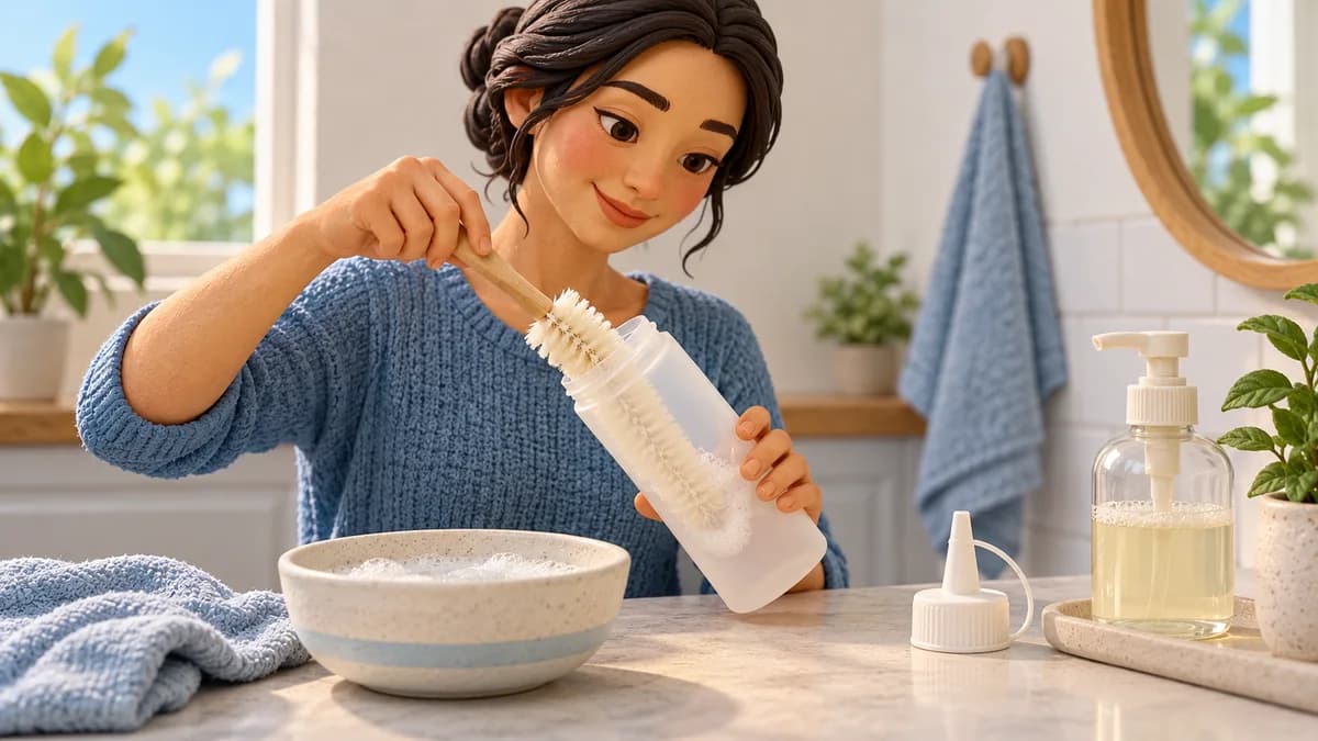 A woman cleans a detached bottle with a bottle brush at a sink.