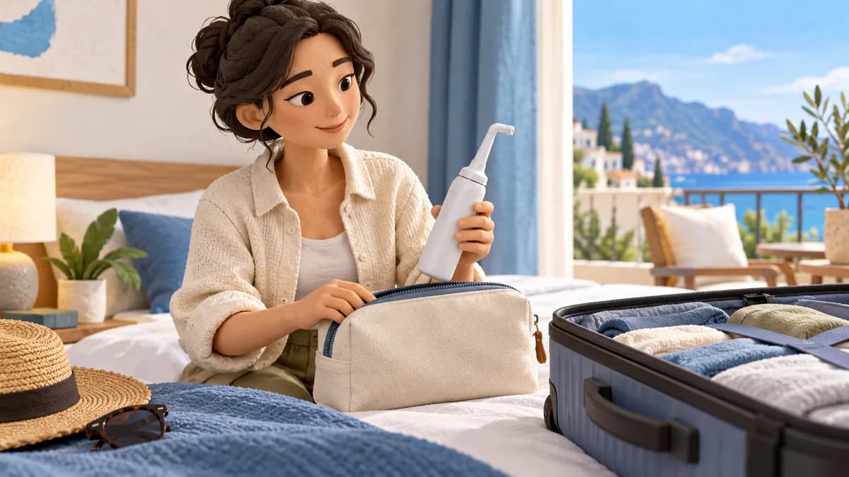 A woman packs a portable bidet in a travel pouch.