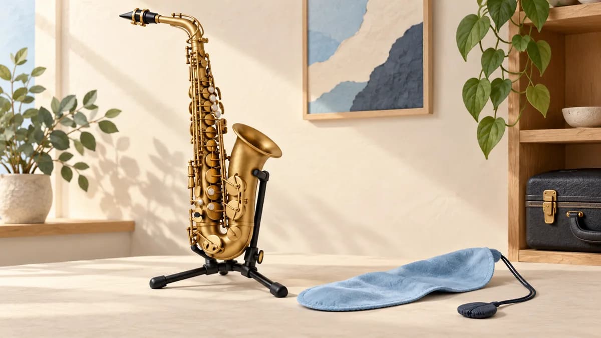 Illustration: Saxophone on a stand beside a blue cleaning swab