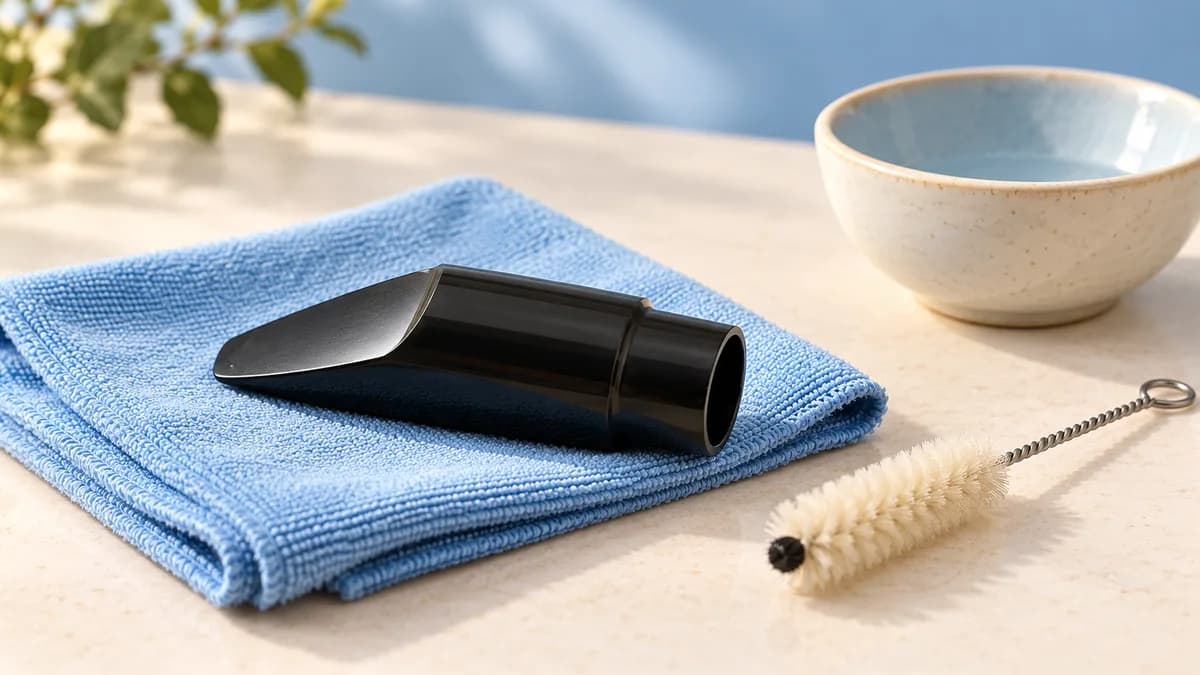 Illustration: Detached black mouthpiece, cloth and cleaning brush