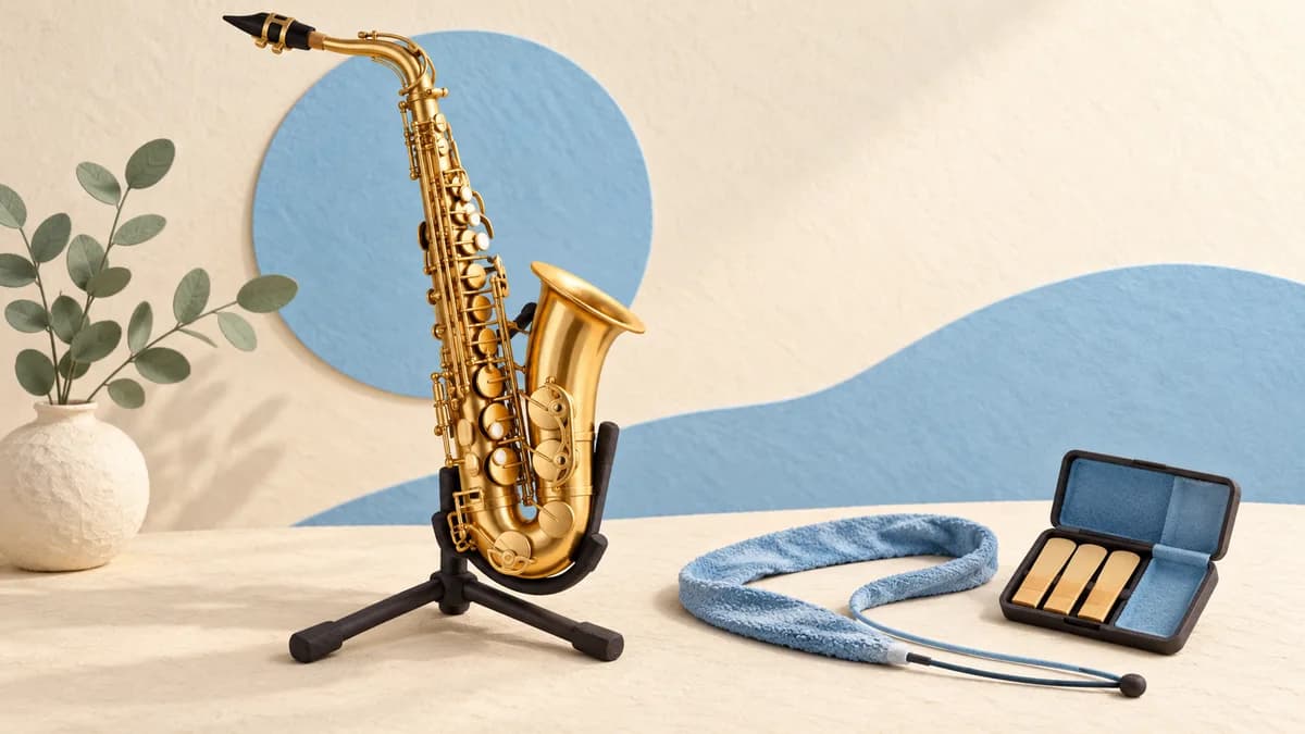 Illustration: Saxophone on a stand beside a swab and reed case