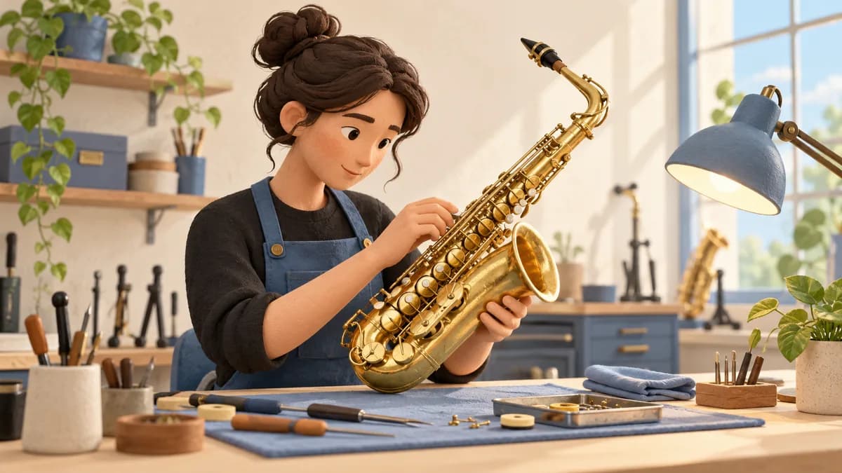 Illustration: An instrument technician inspecting a saxophone
