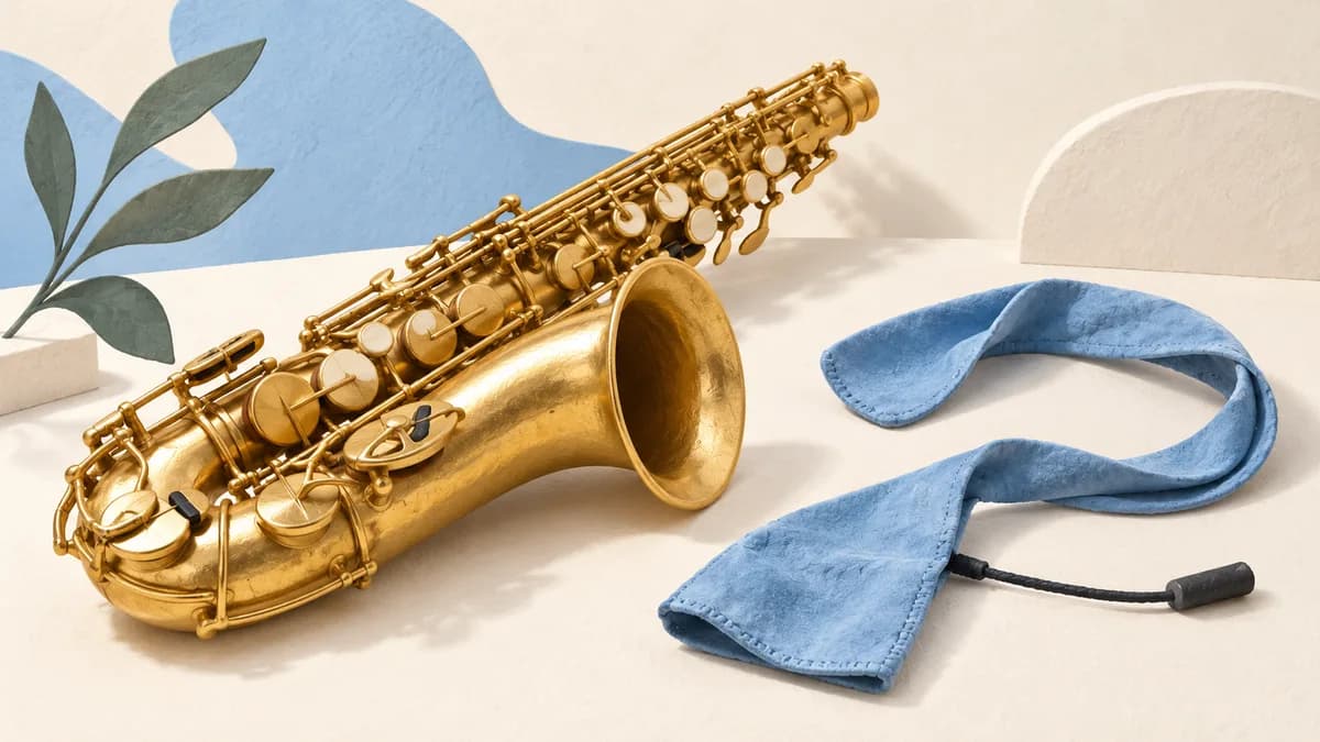 Illustration: Detached saxophone body beside a pull-through swab