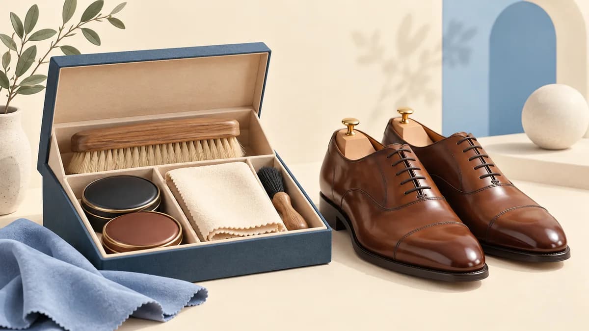 Illustration: Leather shoes beside an open box holding brushes, cloths and shoe-care tins.