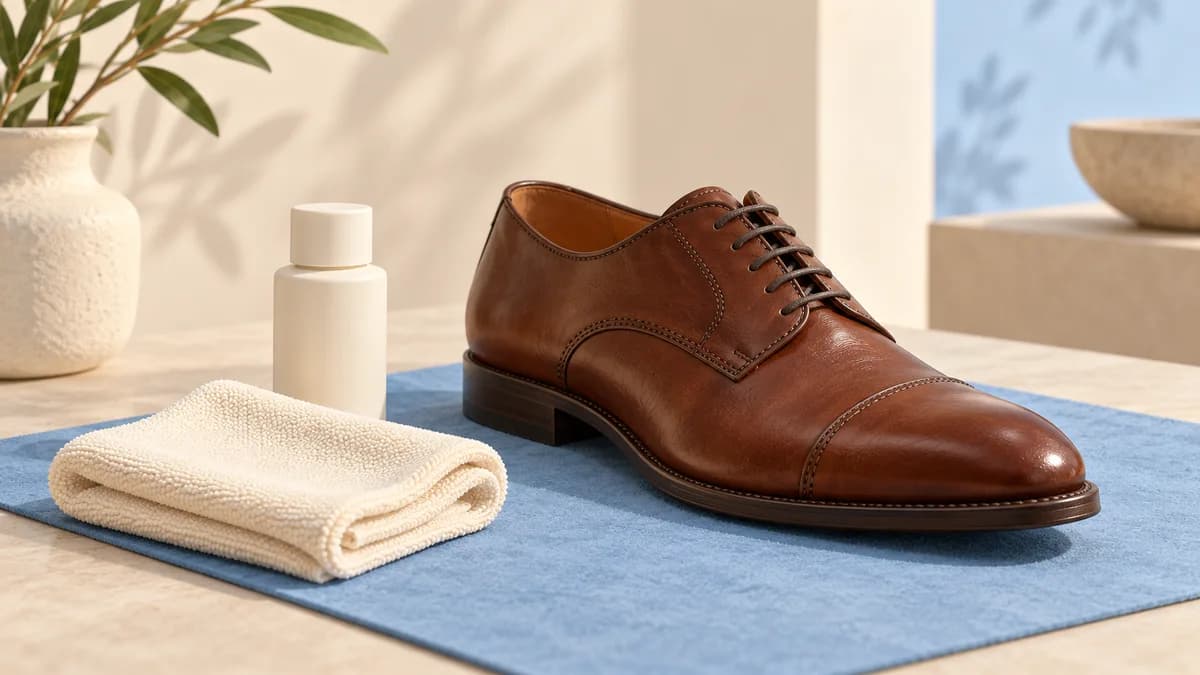 Illustration: Leather shoe beside a folded cloth and plain cleaner bottle on a blue mat.