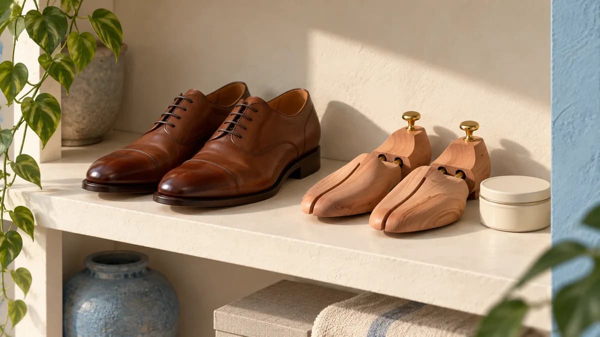Illustration: Leather shoes on a shelf beside wooden shoe trees and a plain care tin.