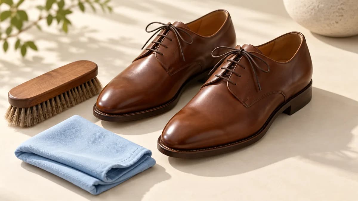 Illustration: Brown leather lace-up shoes beside a soft brush and folded cloth.