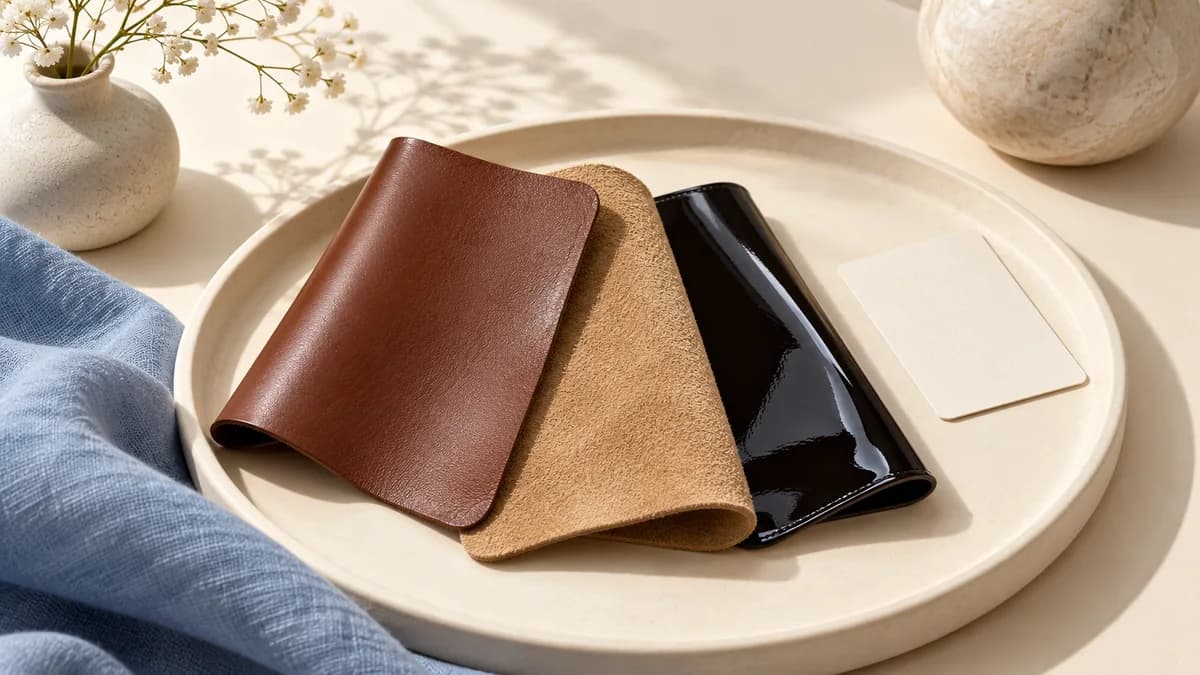 Illustration: Smooth brown leather, tan suede and glossy black leather samples on a tray.