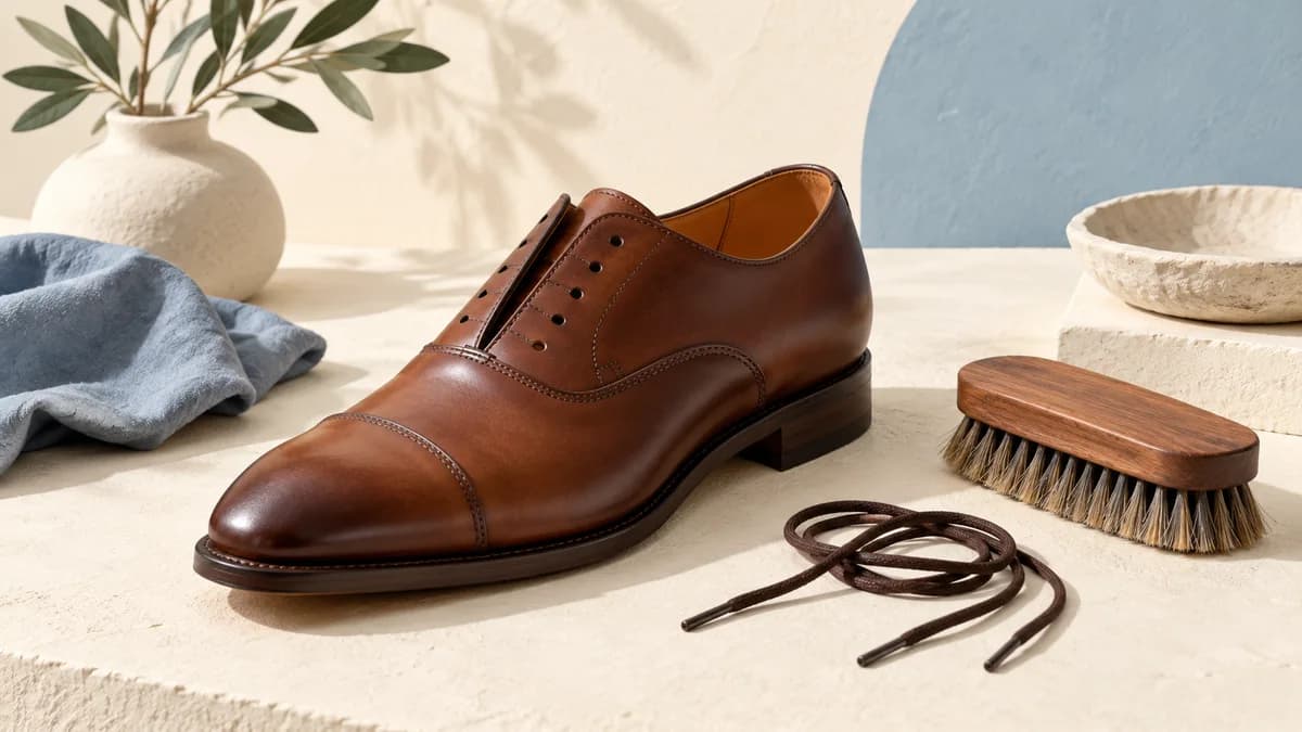 Illustration: An unlaced leather shoe beside its laces and a soft shoe brush.