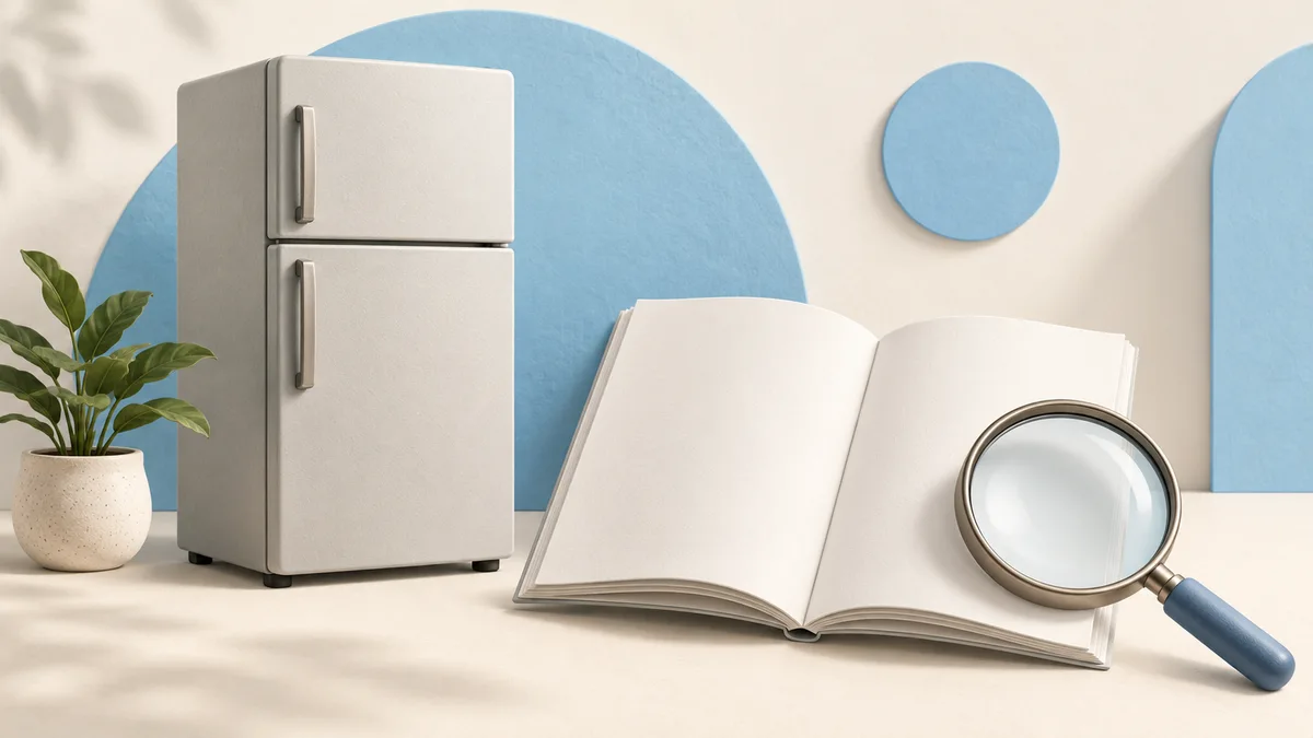 Illustration: Small refrigerator beside a blank open manual and magnifying glass.