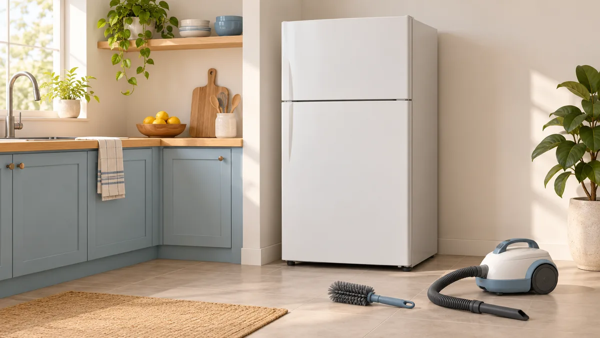 Illustration: Refrigerator in a kitchen with a vacuum and soft brush attachment nearby.