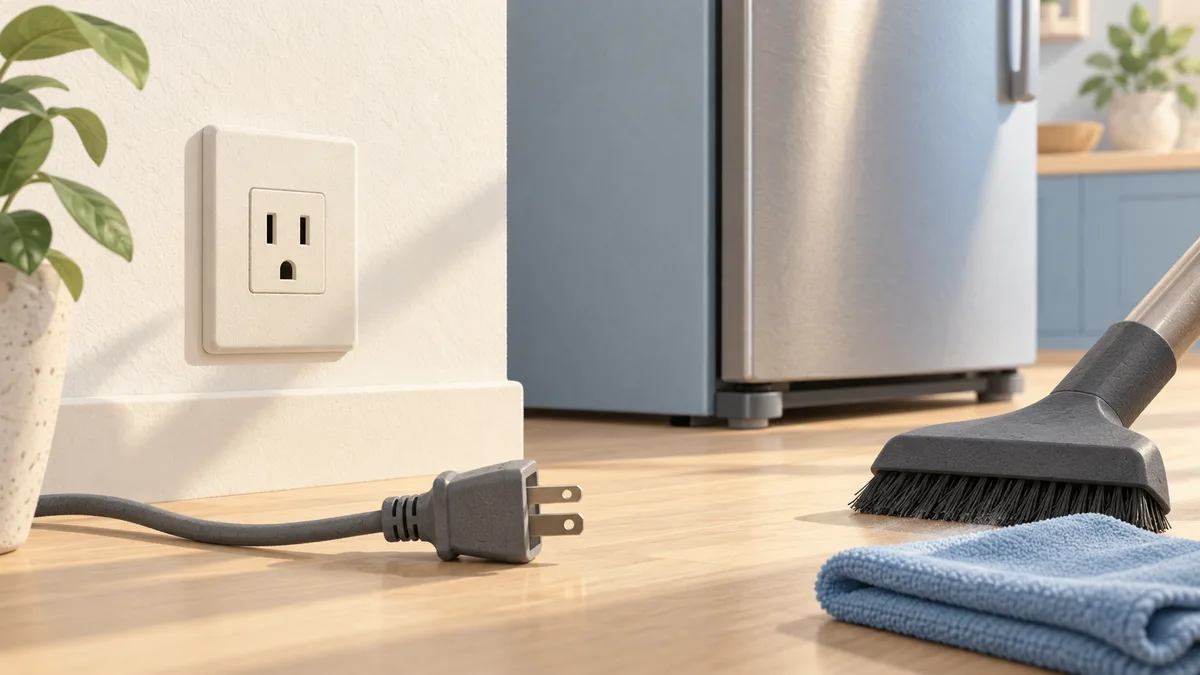 Illustration: Disconnected electrical plug beside a refrigerator, vacuum brush and cloth.