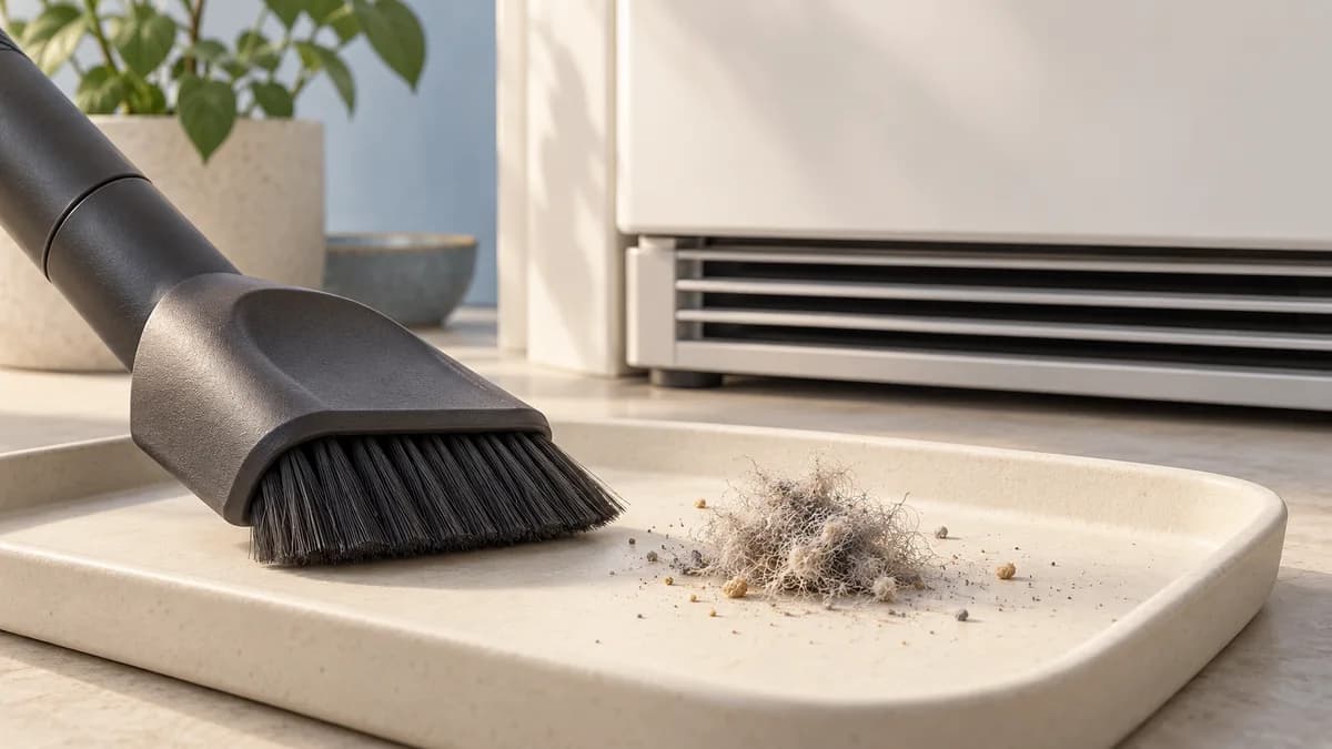Illustration: Soft vacuum brush and loose dust in front of a refrigerator grille.