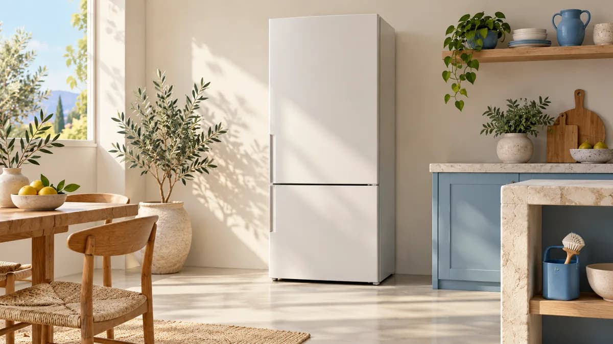 Illustration: Closed refrigerator with clear floor space in a bright kitchen.