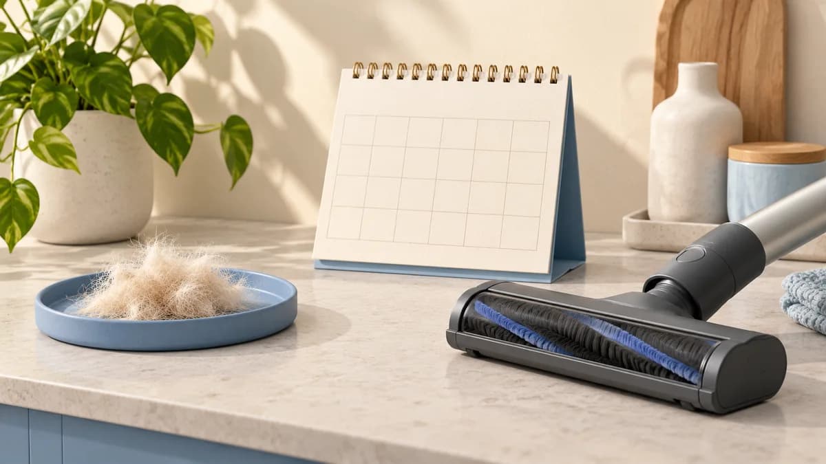 Illustration: Blank calendar beside a vacuum attachment and a small tuft of pet hair.