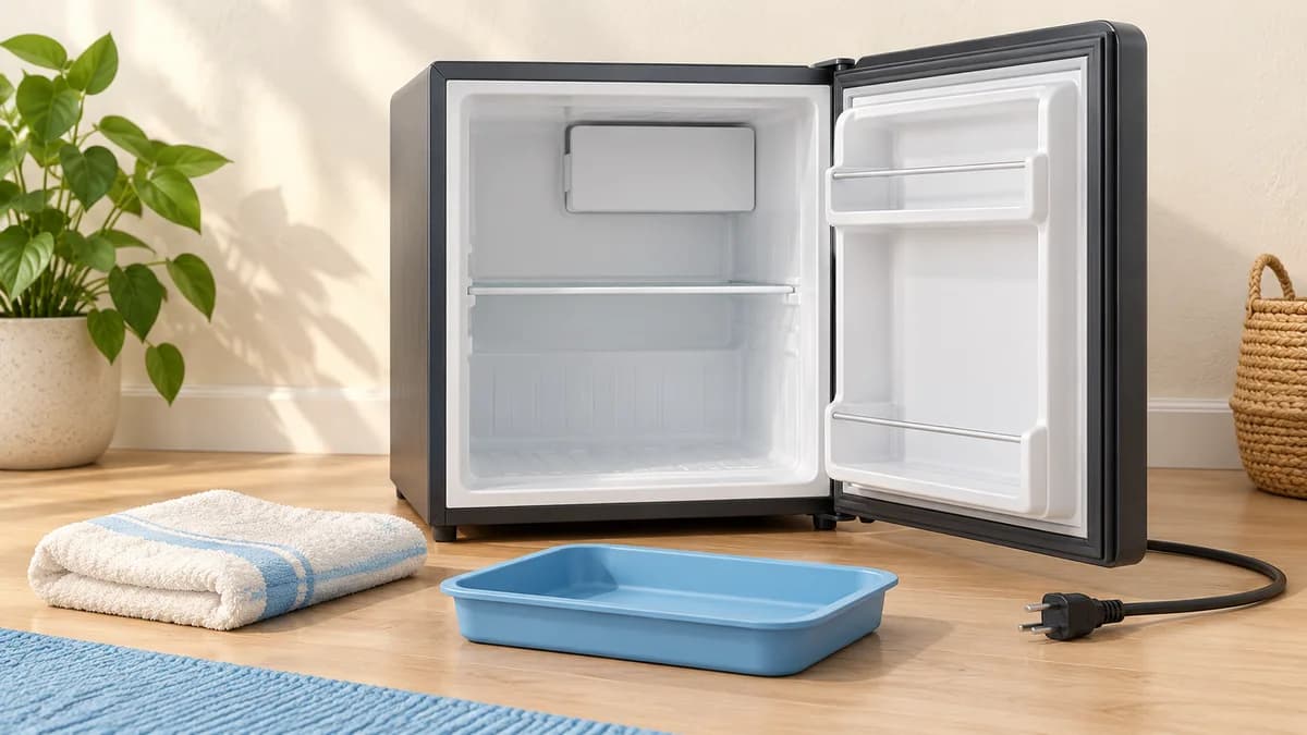 Illustration of open empty mini fridge beside towels, tray and unplugged cord