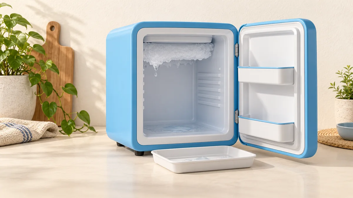 Illustration of open mini fridge with melting frost and a collection tray