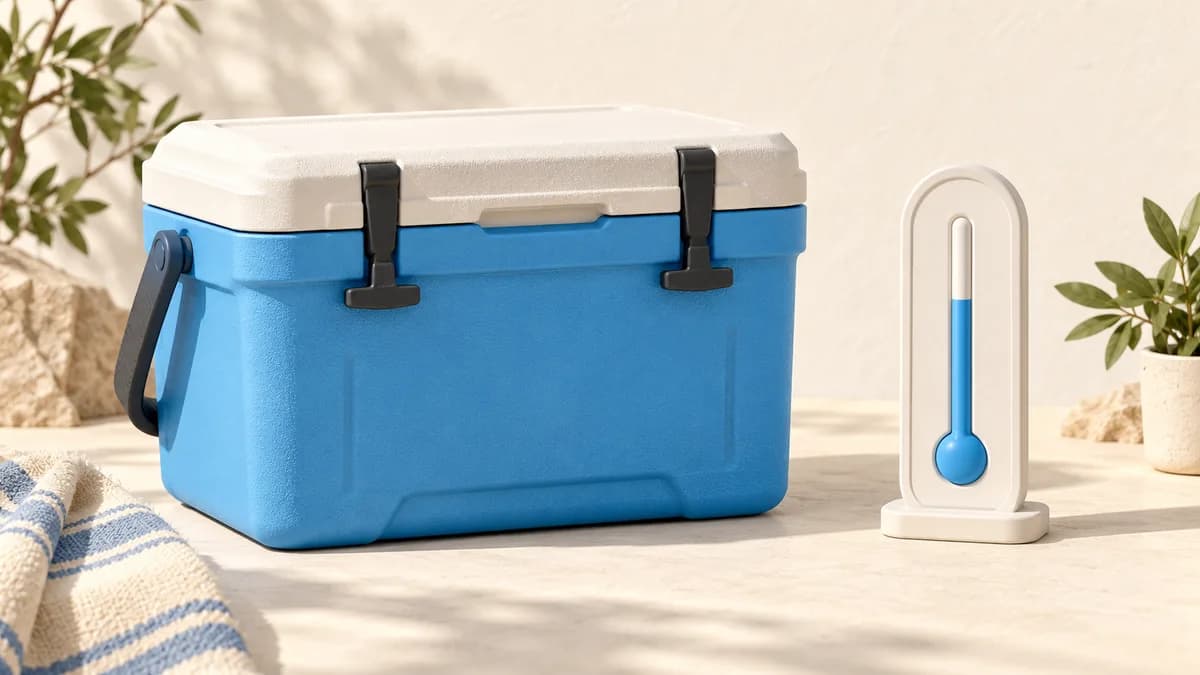 Illustration of closed insulated cooler beside a thermometer