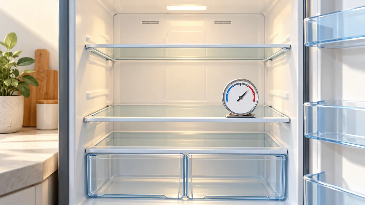 Illustration of dry refrigerator shelves with an appliance thermometer
