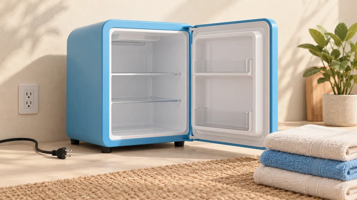 Illustration of unplugged empty mini fridge with towels nearby