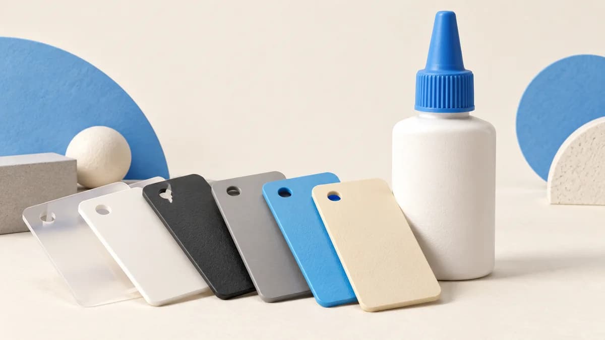 Illustration: Adhesive bottle beside plastic material samples