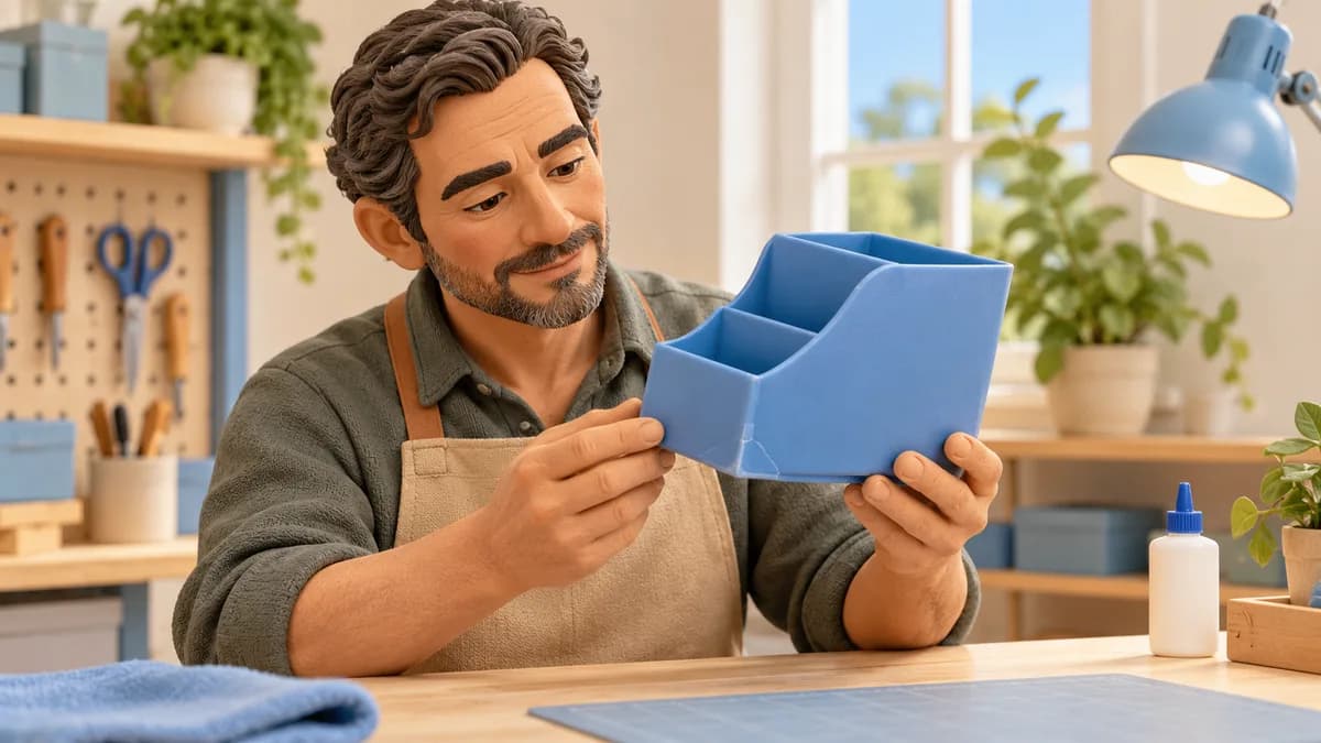 Illustration: An adult inspecting a repaired plastic organizer