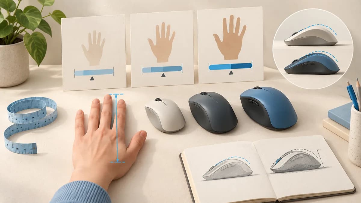 Illustration: Hand-size illustrations beside several mouse shapes.