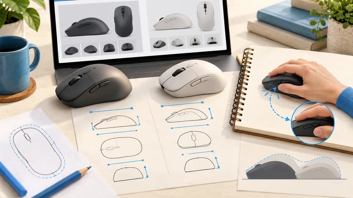 Illustration: Mouse shapes and dimensions compared using a notebook and screen.