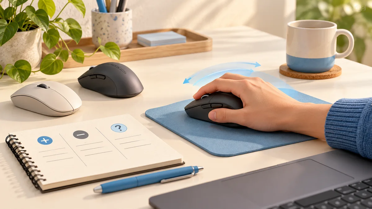 Illustration: A hand resting on a mouse during a desk fit check.