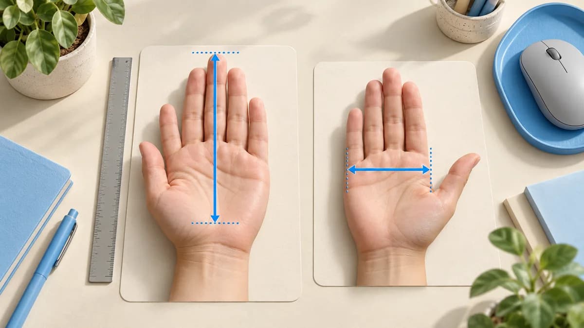 Illustration: Arrows illustrating hand length and width measurements.