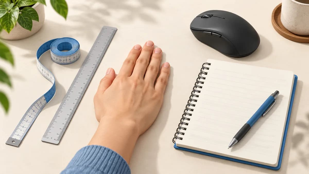 Illustration: A hand, ruler, measuring tape and notebook on a desk.