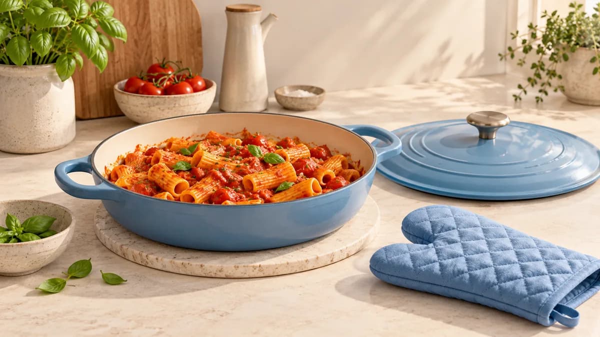 Illustration: A blue pan of pasta beside its lid, a folded oven mitt and tomatoes.