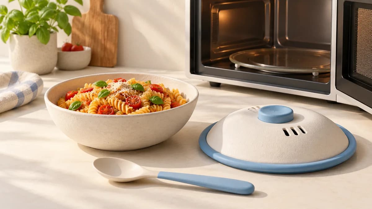 Illustration: A bowl of pasta and vented cover beside an open microwave.